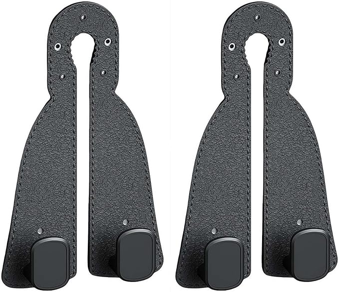 Car Purse Hook for Headrest, 2-in-1 Design with Phone Holder, Heavy Duty Metal Vehicle Storage Organizer, Universal Handbag Holder, Black Leather Seat Hangers for Grocery Bags, Clothes (Black)