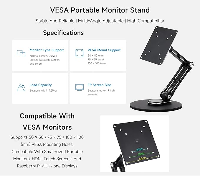 VESA Monitor Stand Portable & Adjustable Stand, Compatible With Monitors Up To 19inch, Supports Multi-axis Rotation, Weighted Base And Ergonomic Design, Foldable For Easy Storage