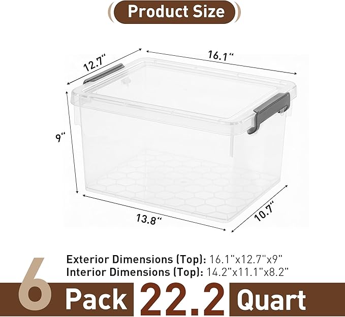 Citylife 22.2 QT 6 Packs Plastic Storage Bins with Lids and Secure Latching Buckles Clear Stackable Storage Containers for Organizing Durable Storage Box