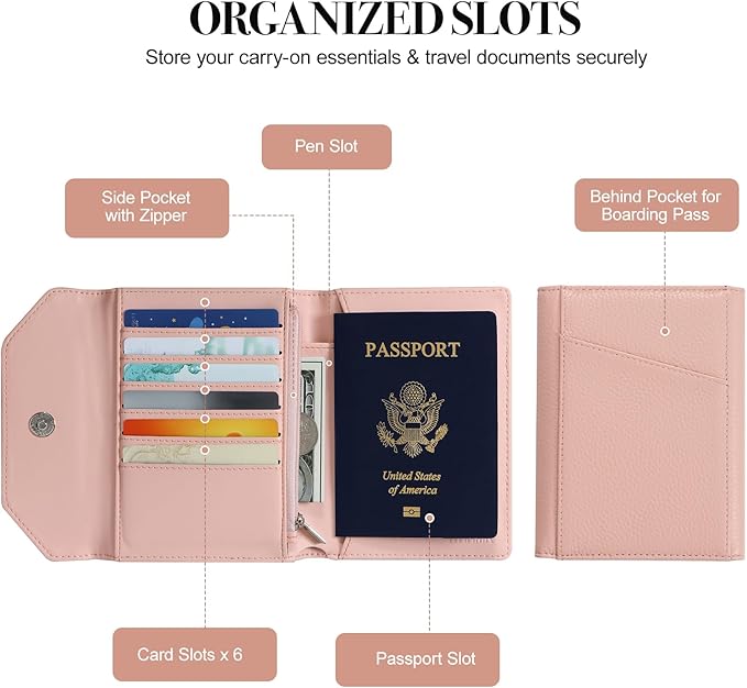 WHHMK Passport Holder for Travel,Rfid Passport Holder Protect Your Card Security,Passport Book Holder for Women,Travel Wallet with Cards & Pen Slots,Boarding Pass,Zipper Cash Pocket (Pink)