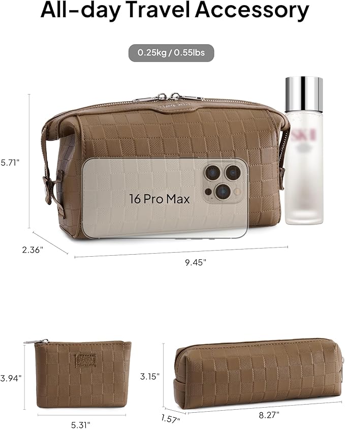 TOPEAST Travel Makeup Bag Cosmetic Bags for Women, 3 Pcs Set Make Up Toiletry Bag with Removable Zip Purse, Waterproof Leather Makeup Brush Organizer for Travel Essentials, Brown