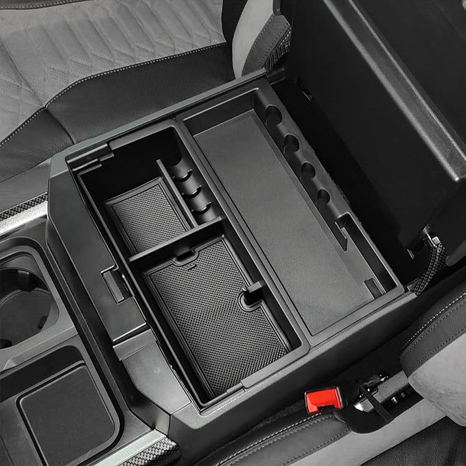 HGWEI Center Console Organizer Tray Compatible with 2023 2024 2025 2026 Ford F250 F350 F450 Super Duty Interior Accessories, Middle Armrest Storage Box Insert Compartent Divider, Black