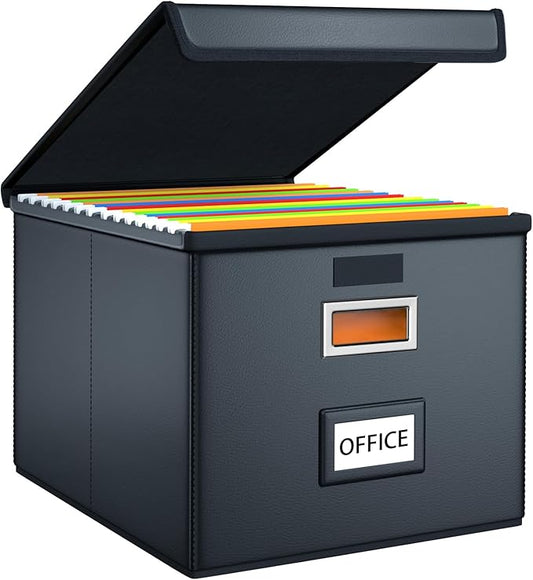 File Organizer Box with Lid, Collapsible Faux Leather Hanging File Folder Box Organizer with Plastic Slides, Decorative Home/Office Filing System Boxes for File and Folders Storage