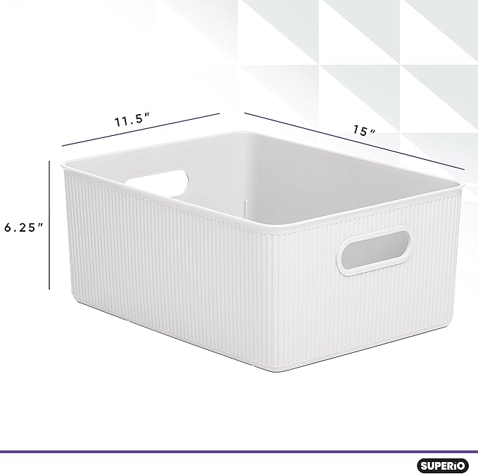 Superio Ribbed Collection - Decorative Plastic Basket Lidded Home Storage Bins Organizer, Large White (1 Pack - 15 Liter) Stackable Container Box, for Organizing Closet Storage Bins for Shelves