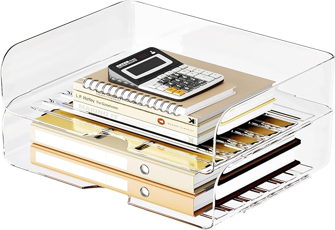 Tomorotec Desk Letter Tray Set, A4 Size Clear PET Stackable Document Organizer Office Desktop File Paper Holder Book Storage Rack Side Load Anti-Skid Stacking Support Convex Bottom (2X Landscape)