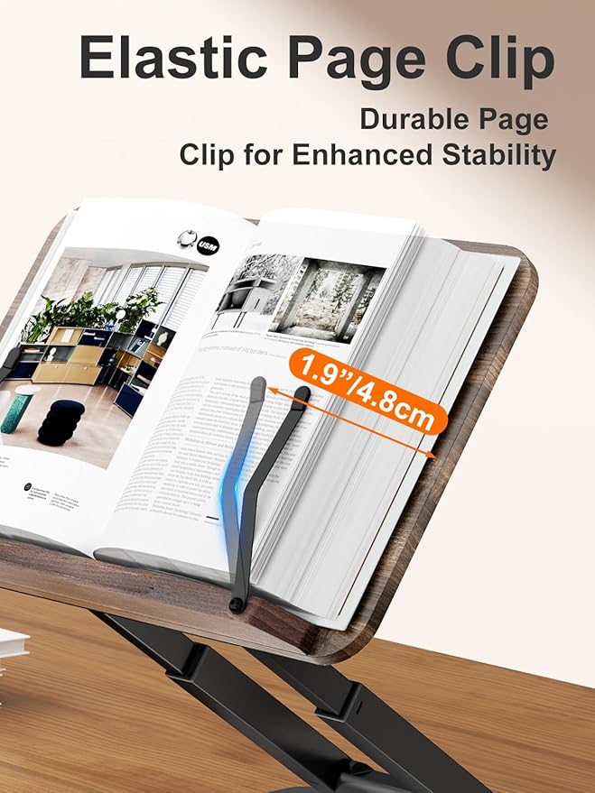 Tounee Telescopic Book Holder - Adjustable Height Cookbook Stand with Elastic Page Clips (Black)