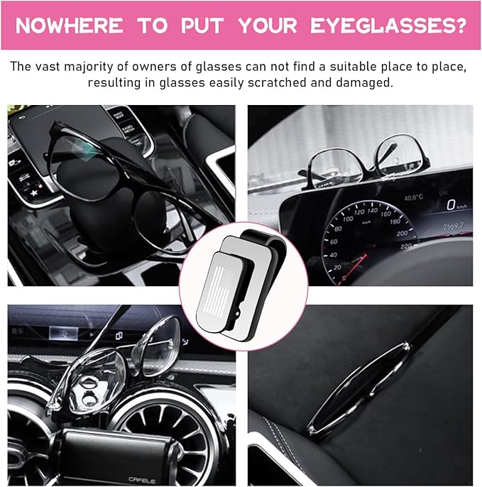 Ohleats Sunglasses Holder for Car Sun Visor, US Flag Metal Auto Eyeglass Hanger Clip, Multi-Function Ticket Card Clip Eyeglasses Mount, Truck Car Accessories for Men Women (Silver)