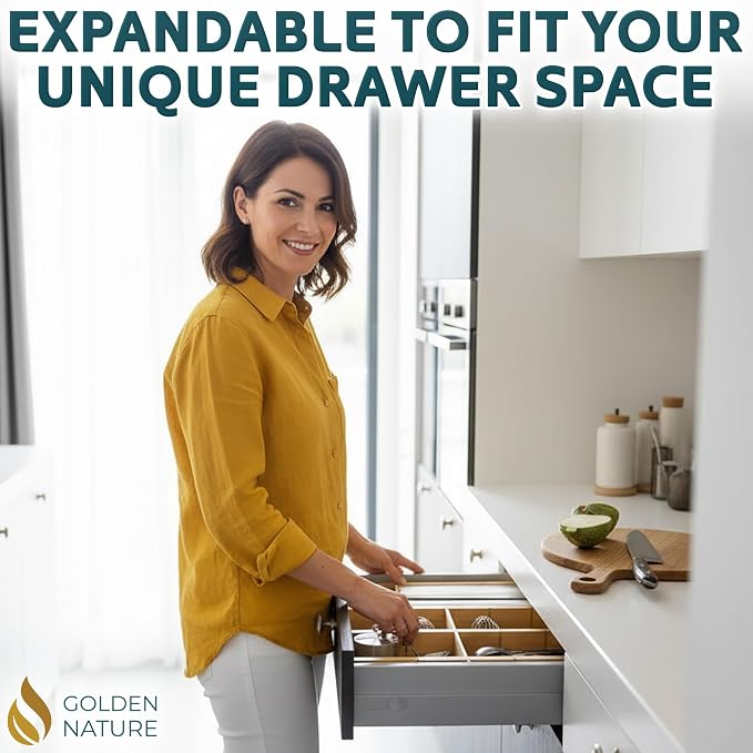 Bamboo Drawer Organizer - with Inserts & Labels, 17-22" - Adjustable Spring Loaded Kitchen Dividers for Utensils & Junk Storage - Expandable Silverware Separators for Organization