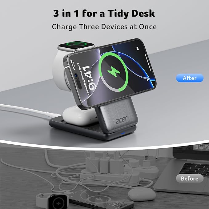 Acer 3 in 1 Charging Station for Apple Device, Magnetic Wireless Foldable Fast Charger Stand Compatible with MagSafe for iPhone, Apple Watch & AirPods, Foldable Charging Dock for Desk S3