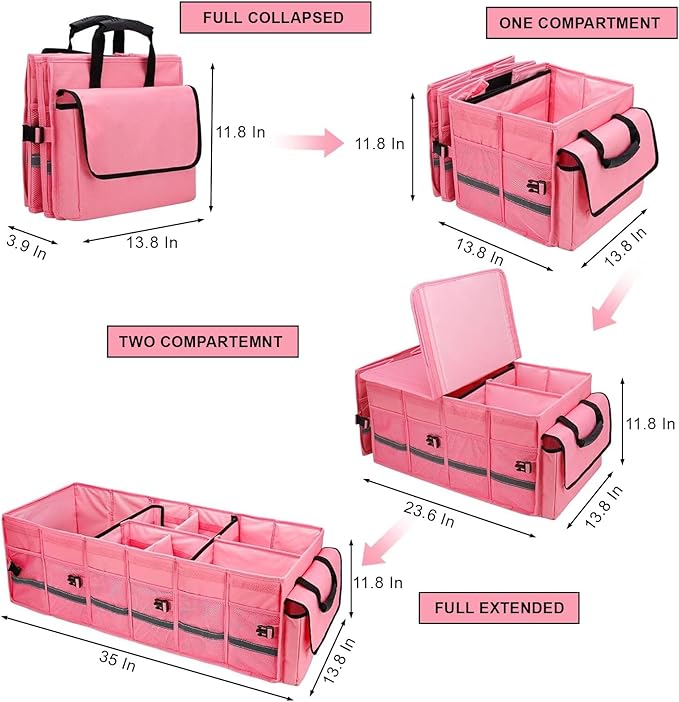 Car Trunk Organizer and Storage with Lid & Removable Leakproof Cooler Bag, Car Accessories 6 Removable Dividers for Custom Space, Collapsible Large Trunk Organizers Interior for SUV & Sendan, Pink