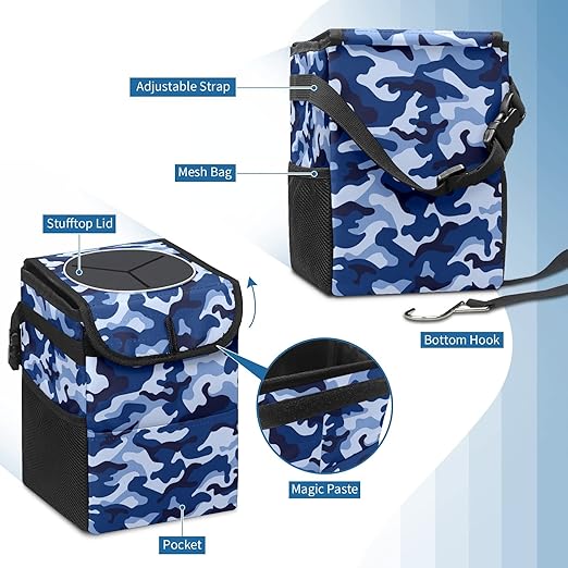 Car Trash Can Blue Geo Camo Camouflage Wate-rproof Auto Garbage Bag Car Trash Can with Lid Leak-Proof Car Storage Bag Hanging for Headrest Collapsible and Portable with Storage Mesh Pocket