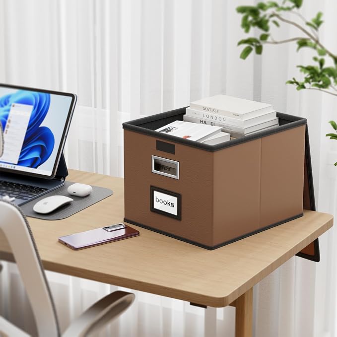 Faux Leather File Organizer Box with Lid, Collapsible Hanging File Folder Box Organizer with Plastic Slides, Decorative Home/Office Filing System Boxes for File and Folder Storage-Brown