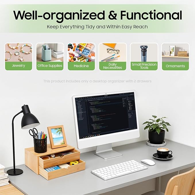 Bamboo Desk Organizer 2 Drawers Tabletop Storage Organization Box, No Assembly Needed for Home Office Storage, 12.99 * 7.48 * 6.3in (1 above & 1 below)