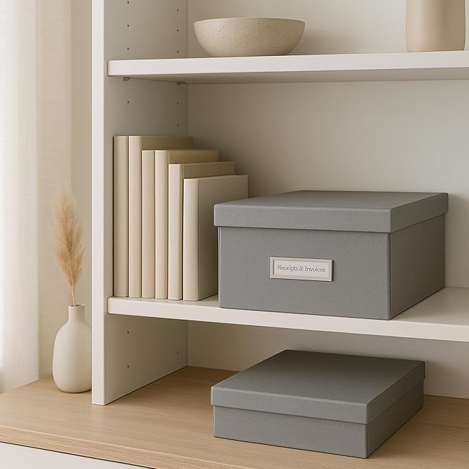 Bigso Box of Sweden Katrin Collapsible Storage Box with Labelframe for Easy Identification - Simple Assembly Without Tools - Decorative Storage Boxes with Lids - 13.5in x 17.6in x 7.2in - Gray