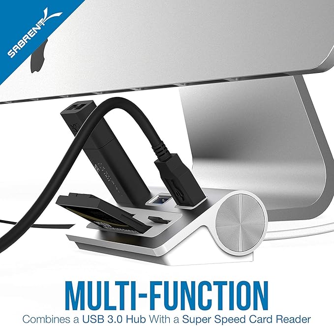 SABRENT Premium 3 Port Aluminum USB 3.0 Hub with Multi in 1 Card Reader (12" Cable) for iMac, All MacBooks, Mac mini, or Any PC (HB-MACR)