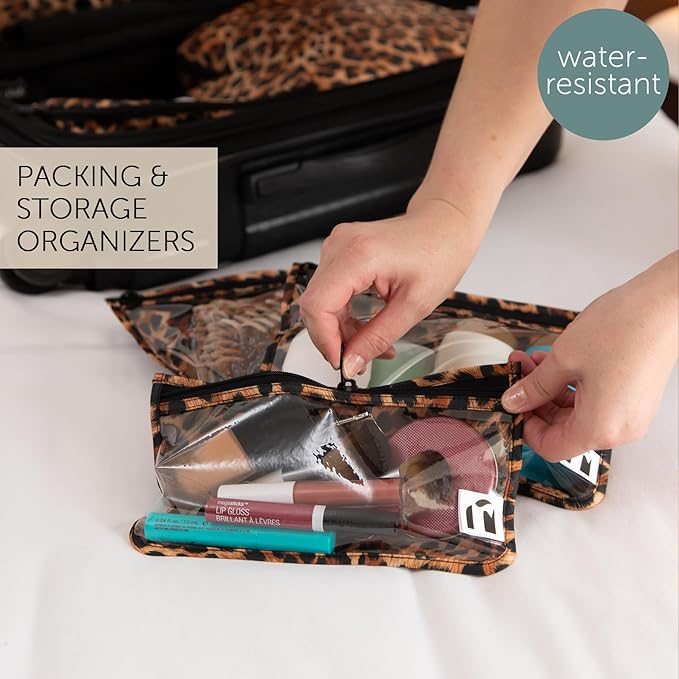 Bumkins Roamio Travel Bag, Toiletry, TSA Approved Pouch, Zip Quart Size Airline Compliant, Clear-Sided, Baby, Diaper Organization, Makeup, Accessories, Carry On Packing, Set of 3 Sizes, Leopard Print