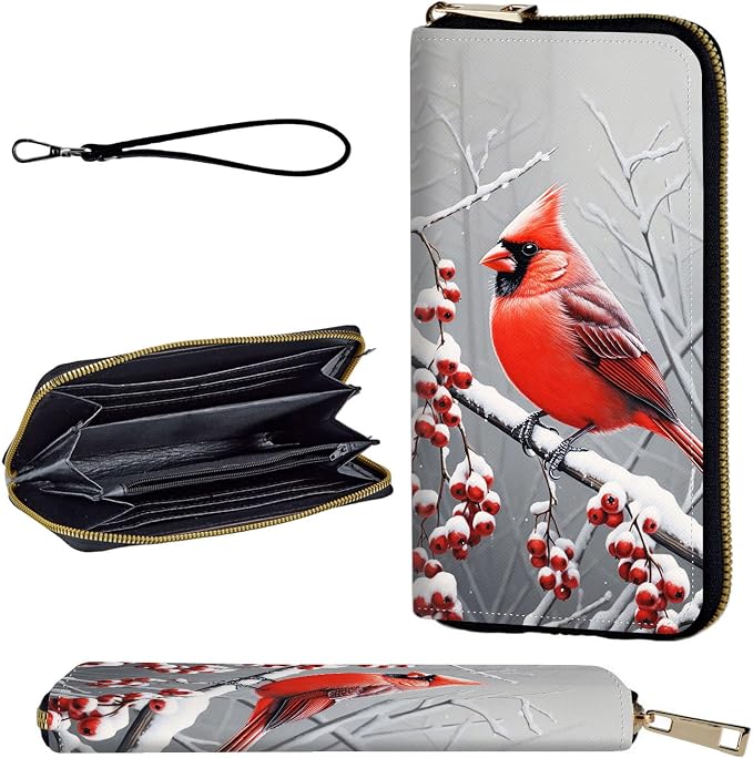 Wallet,Leather Long Wallet Suitable For Ladies And Teenagers - Detachable Wristband + RFID Travel Wallet With Card Slot - Cardinal in Snow