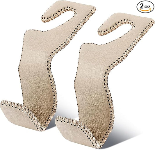 Car Seat Hooks for Purses and Bags, 2 Pack Car Purse Holder for Grocery Bag Handbag Clothes, Metal Headrest Hooks Covered by Leather, Beige