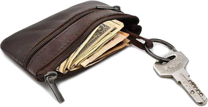 Freezx Women Genuine Leather Coin Pouch Zip Mini Purse Wallet Key Chain Double Zipper