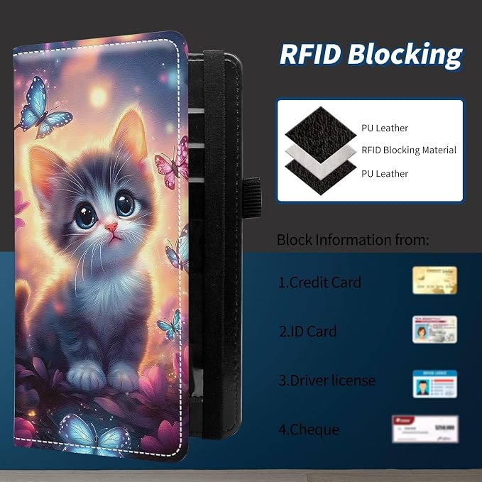 Check Book Cover for Personal Checkbook with Duplicate Checks for Women's & Men PU Leather Wallets Check Book Holder with Pen Card Slots Elastic Strap,Kitten And Butterfly