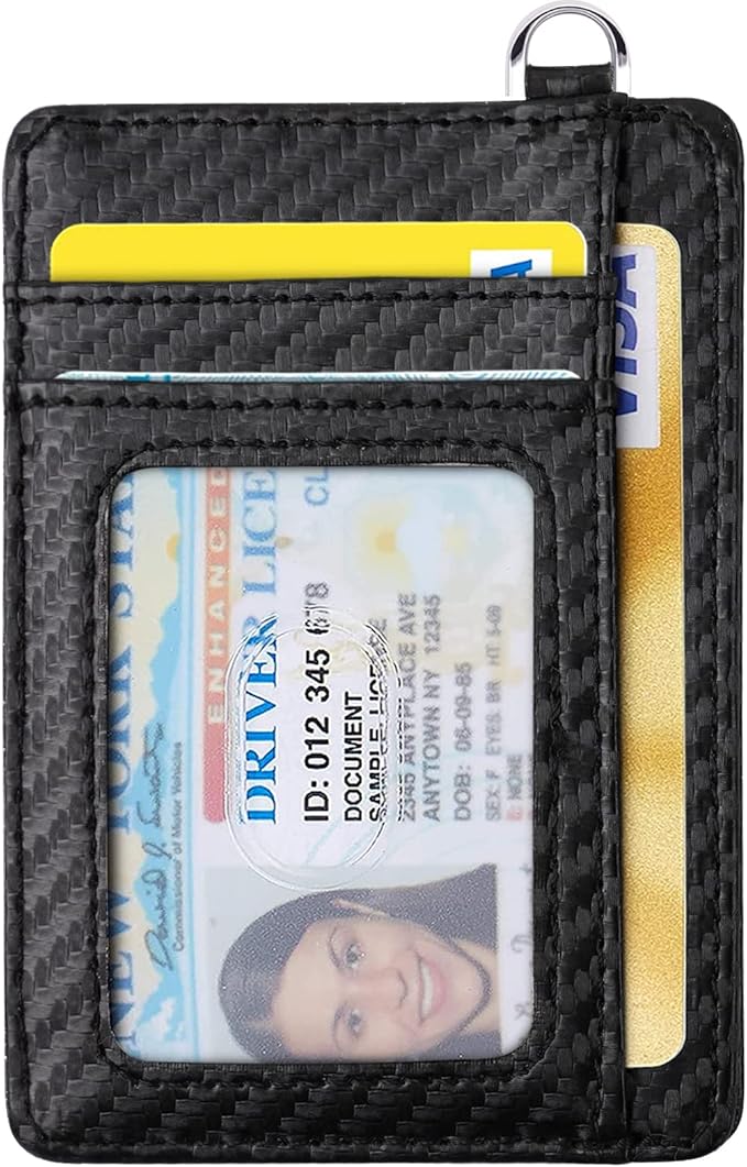 Coco Rossi Slim Front Pocket Wallet RFID ID Card Holder Cute Small Wallet with Keychian for Women,Carbon Fiber