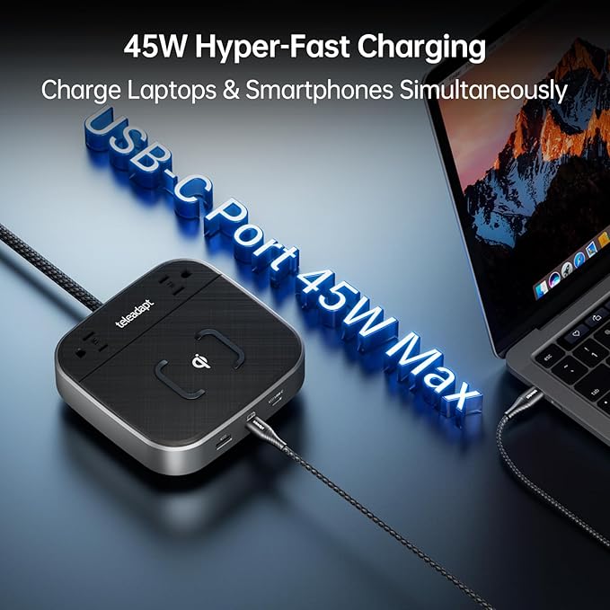 GaN Multi Charging Station 67W, 6 in 1 iPhone Charging Station with USB Ports, Wireless Charging, 2× AC Outlets, Desktop/Bedside/Nightstand Power Station, Hotel-Grade Design, Grey