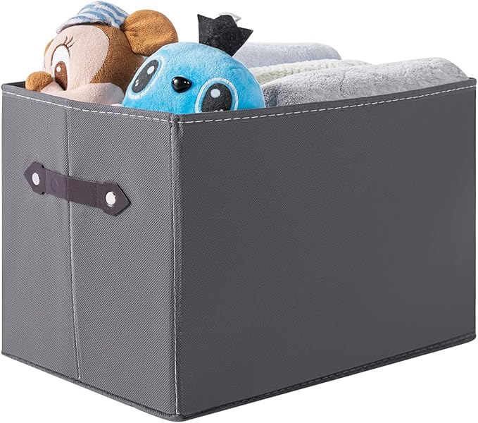 1 Pack Large Collapsible Storage Baskets for Shelves,14.9"x9.5" Fabric Closet storage Boxes with Leather Handles,Decorative Organizers Storage Bins for Clothes,Sheets,Toys,Books,(Gray)