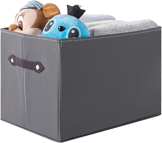 1 Pack Large Collapsible Storage Baskets for Shelves,14.9"x9.5" Fabric Closet storage Boxes with Leather Handles,Decorative Organizers Storage Bins for Clothes,Sheets,Toys,Books,(Gray)