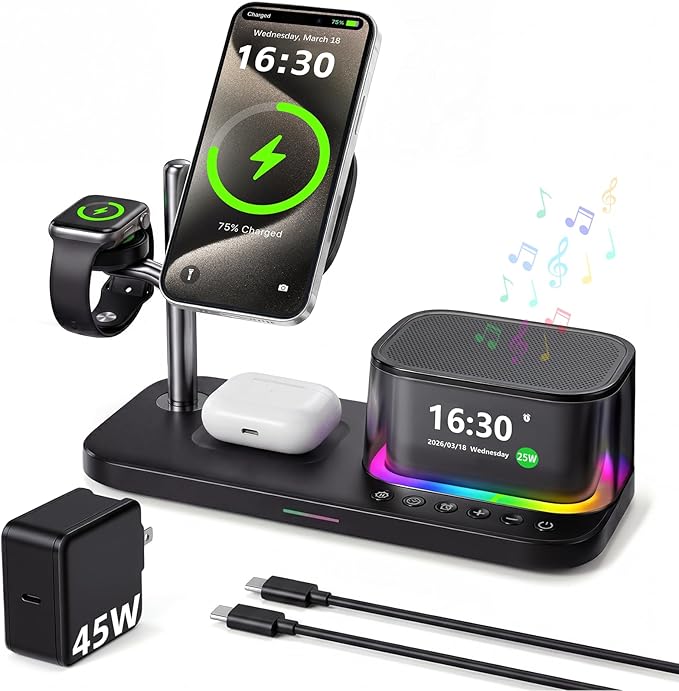 45W 5 in 1 Wireless Charging Station with Alarm Clock and Bluetooth Speaker & Night Light, Qi2.2 25W Fast Charger for MagSafe for iPhone 17/S26 Ultra, Charger Stand for iWatch & Galaxy Watch