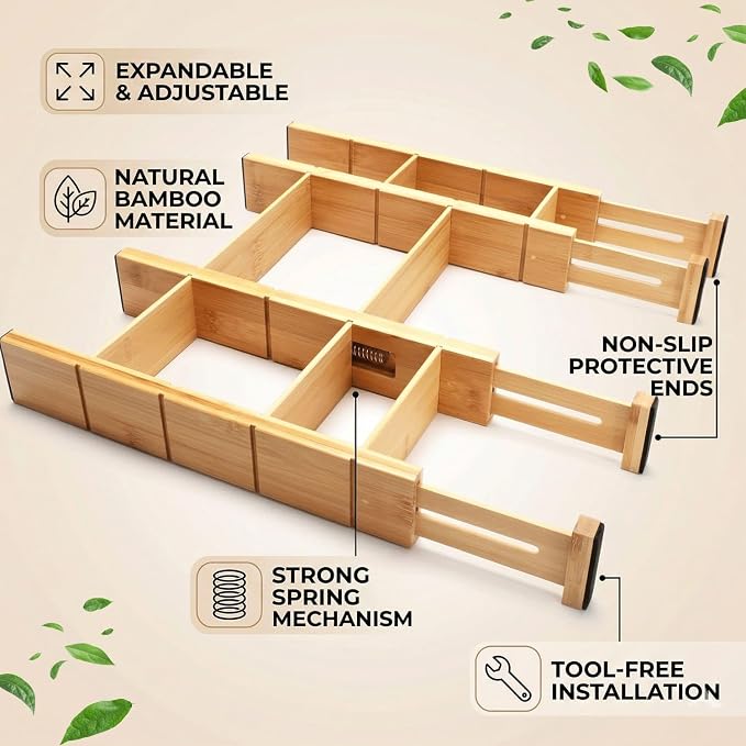 6 Pack Bamboo Drawer Dividers, Adjustable 17–22 Inch Expandable Drawer Organizer for Kitchen, Dresser & Closet, Bamboo Kitchen Drawer Organizer, Drawer Divider Set with 12 Inserts