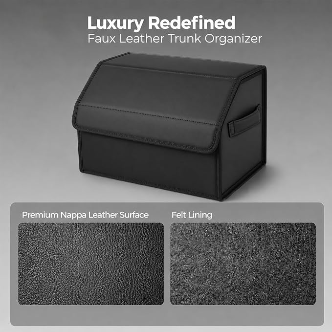 Car Trunk Organizer, Foldable Cargo Storage Box with Hook-and-Loop Lid, Suede & Faux Leather Trunk Organizer for SUV Sedan Truck, Adjustable Divider, Handles, Black, 19.7inches
