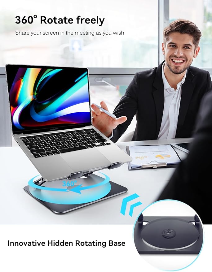 ivoler Adjustable Laptop Stand with 360° Rotating Base,Ergonomic Laptop Stand for Desk,Foldable & Portable Laptop Riser,Suitable for Collaborative Work, Fit MacBook/Laptop up to 16 inches[Space Gray]
