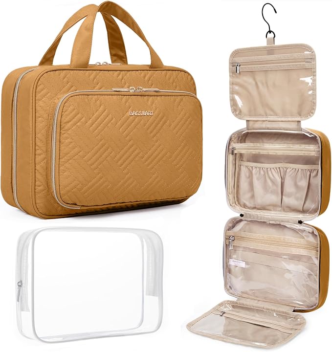 BAGSMART Toiletry Bag Hanging Travel Makeup Organizer with TSA Approved Transparent Cosmetic Bag Makeup Bag for Full Sized Toiletries(Stone Khaki)