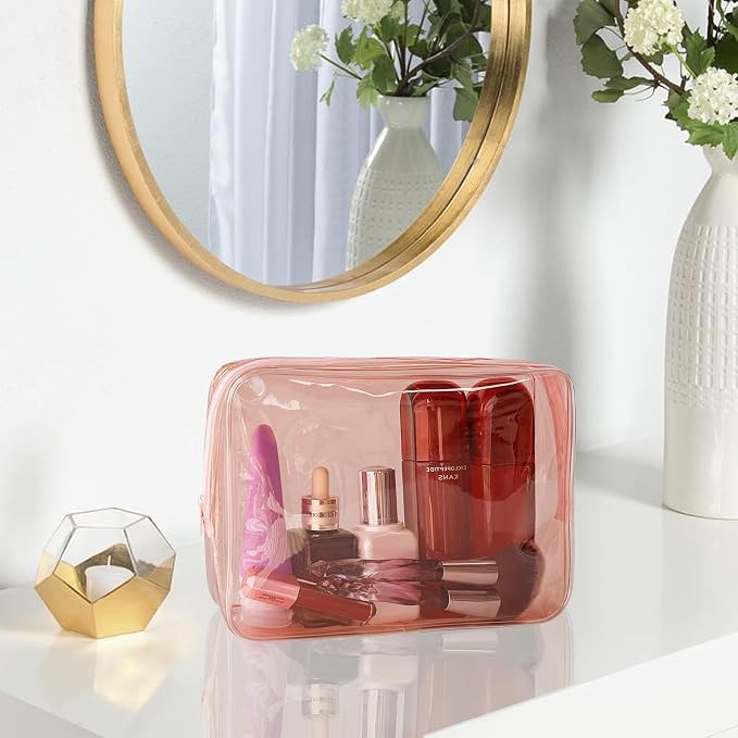 Waterproof PVC Makeup Bag - Leakproof Cosmetic Organizer for Travel Toiletry Storage 9.84×7.09×2.36 Inch for Women & Men (Brown)