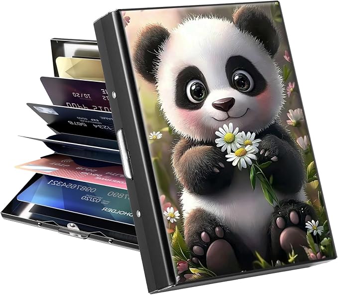 Metal Wallet for Women Men Girls, RFID Blocking Slim Aluminum Credit Card Holder, Mini Travel Wallet with Hard Shell, Lightweight ID & Business Card Case,Cute Panda