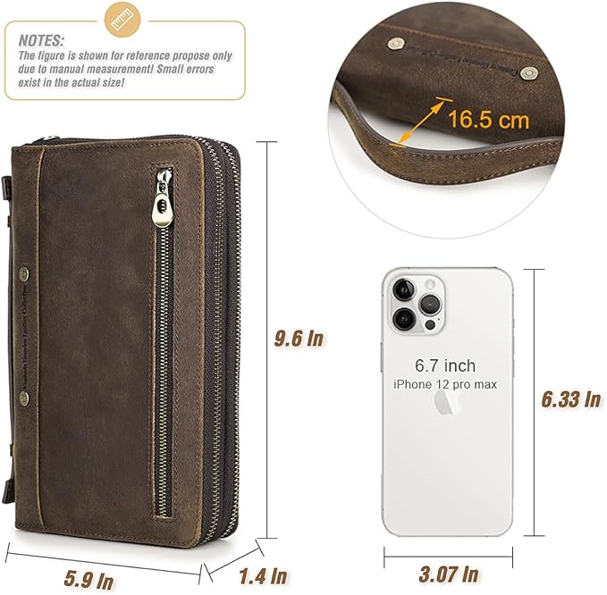 Top Grain Genuine Leather Clutch Wallet Bag with Hand Strap for Man & Woman, Handmade Minimalist Vintage Design, 2 Zip Pockets & Multi Slots, RFID Large Capacity for Cards/Phone/Check/Banknote, Coffee