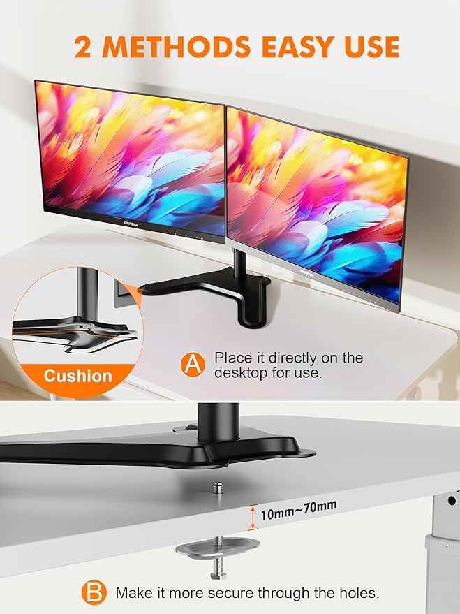 GRIFEMA Two Monitor Stand for 13-32'' LED/LCD Inch, Support 2 Monitors, Monitor Arm Height Adjustable, Tilt, Rotate, Rotate, Cable Management, up to 10 kg, VESA 75/100 mm