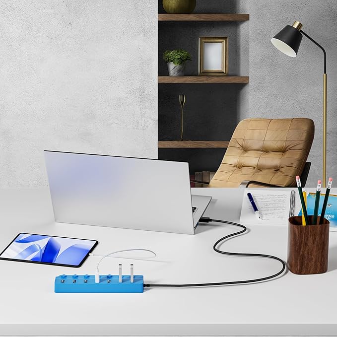 ONFINIO USB Hub 3.0, 7-Port USB Hub Splitter with Individual On/Off Switches and Lights, 3.2ft/1m Long Cable Compatible with MacBook, Laptop, Surface Pro, PS4, PC, Flash Drive, Mobile HDD-Blue