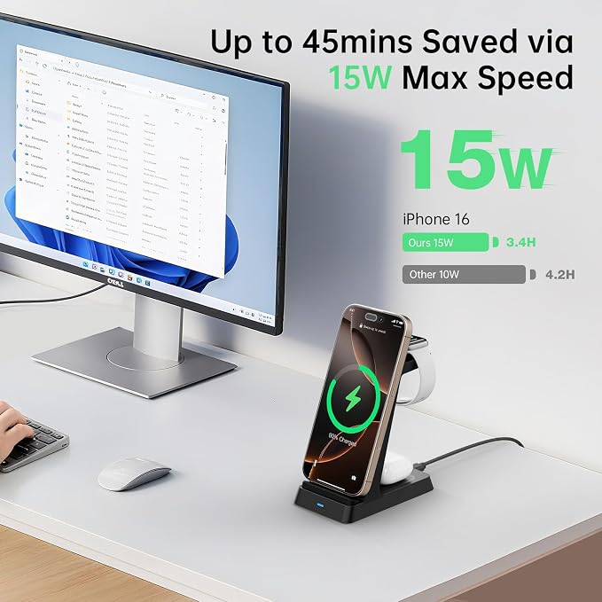 2026 3 in 1 Charging Station Fast Charging for iPhone,Wireless Charger for iPhone 17 16e 16 15 14 13 12 11 X Pro Max & Apple Watch - Wireless Charging Station for AirPods 4 3 2 Pro