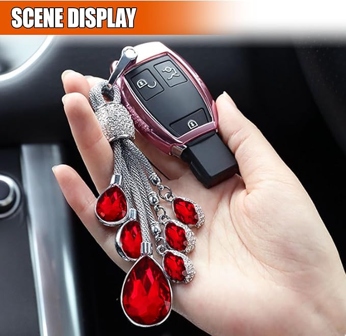 Bling Rhinestone Car Keychain, Fashion Auto Key Fob with Screwdriver, Vehicle Key Decoration Accessories for Woman (Red)