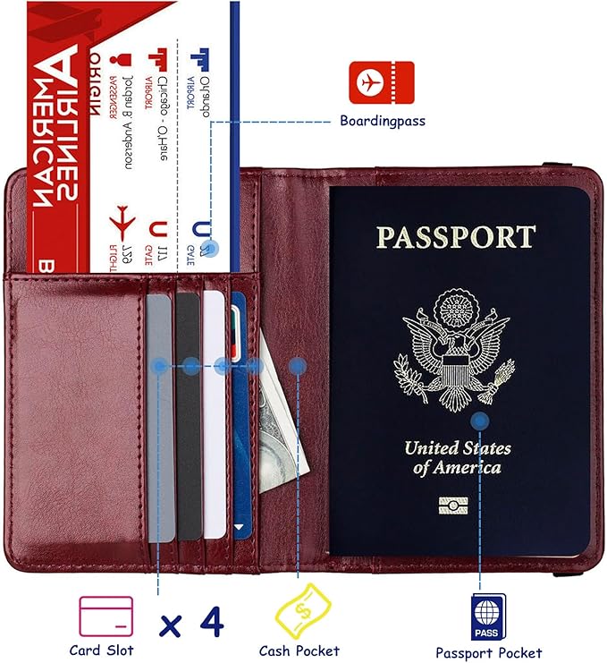 TOURSUIT RFID Blocking Passport Holder for Women Men, Leather Passport Travel Wallet with 3D Metal Badge, Travel Document Organizer Cover Accessories (Rose Red)