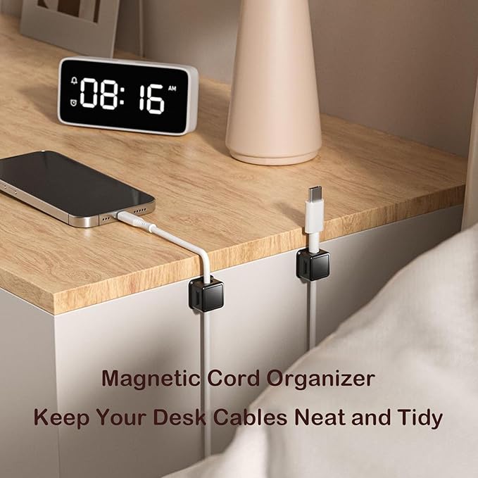 10 Pack Cord Organizer, Magnetic Cable Management, Cord Holder for Desk, Adhesive Cable Clips Wire Keeper for Nightstand, Home, Office, Desktop, Car, Wall (Black)
