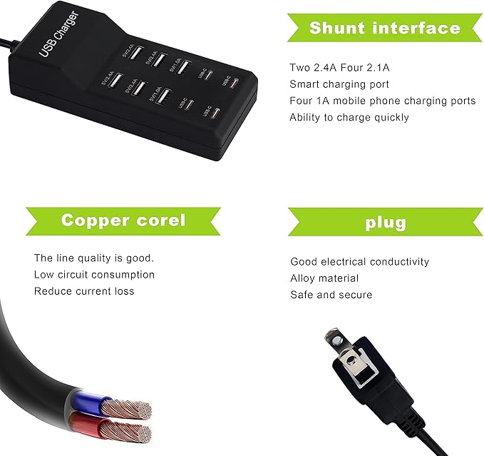 USB Charger,50W USB Charging Station with 10-Port (6 USB-A Port & 4 USB-C Port) Compatible with iPhone 15/14/13/12/11/X/8/7/6 Phones, Watch,Tablets, Smartphones Black