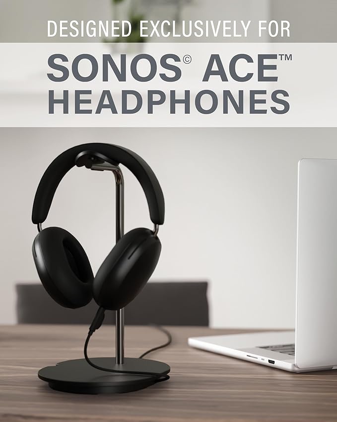 Sanus Sonos Ace Headphones Stand - Premium Stand w/Silicone Cradle Prevents Creasing & Built-in Cable Management w/Magnetic Clip for Fast Charging - Tool-Free Setup - Black Sonos Headphones Holder
