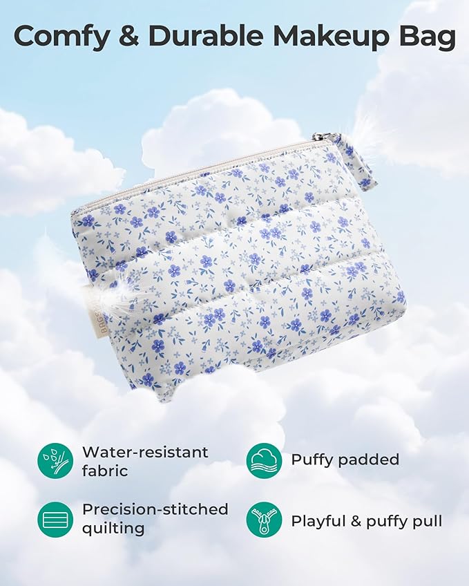 BAGSMART Small Makeup Bag, Puffy Portable Cosmetic Pouch with Charm Zipper, Water-Resistant Travel Organizer for Women (Blue Ditsy Floral Print, Small)