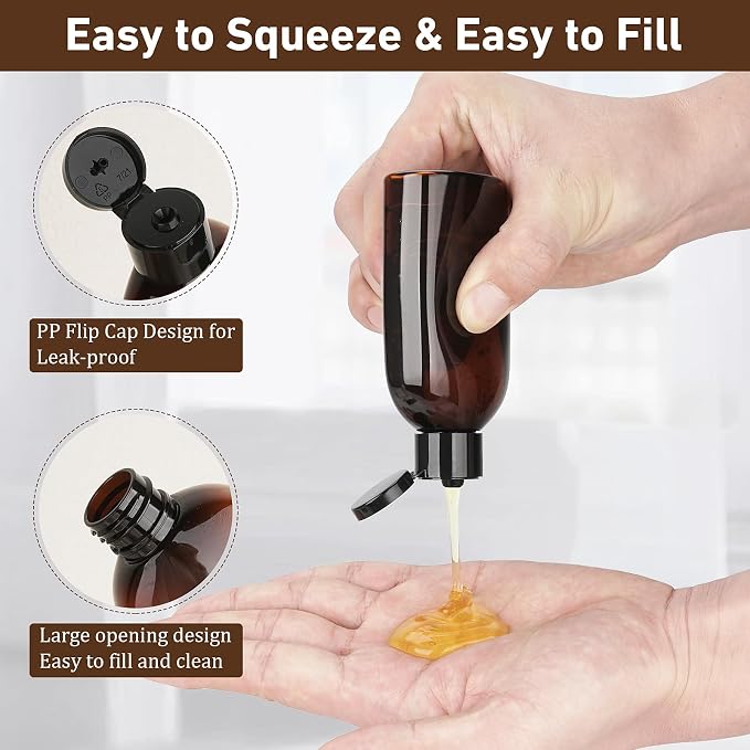 Travel Shampoo Bottles 6 Pack 3.4oz/100ml TSA Approved Squeezable Travel Size Bottles for Toiletries Leak-proof Shampoo and Conditioner Bottle Empty Plastic Squeeze Bottle Travel Essentials(Brown)