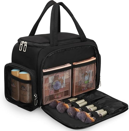 Travel Makeup Bag, Lightweight Wide-open Toiletry Bag for Women, Portable Cosmetic Bag Organizer with Handle for Accessories, Brushes Set, Travel-Sized Container for Trip, Camping - Black