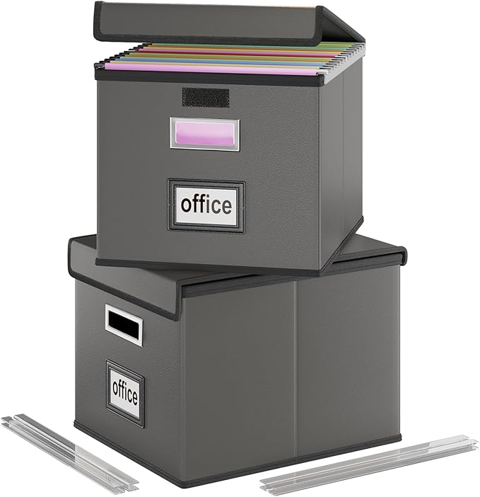 File Organizer Boxes with Lids, Collapsible Faux Leather Hanging File Folder Box Organizer with Plastic Slide, Decorative Home/Office Filing System Boxes for File and Folders Storage