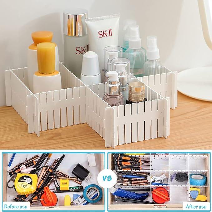 16 Pcs Drawer Divider Adjustable DIY Storage Organizer Separator for Tidying Clutter Cutlery Underwear Socks Clothes Dresses Desk & Box in Kitchen Bathroom Bedroom Office (Cut at Will)