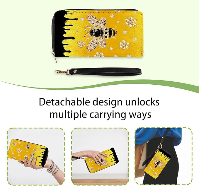 Bee-Themed Wallet for Women - Slim PU Leather Womens Wallet with Cash Zipper Coin Purse, Small Credit Card Holder Travel Wallet, Wristlet Wallets for Female Ladies Teen Girls Purse (Bee Lovers Gift)